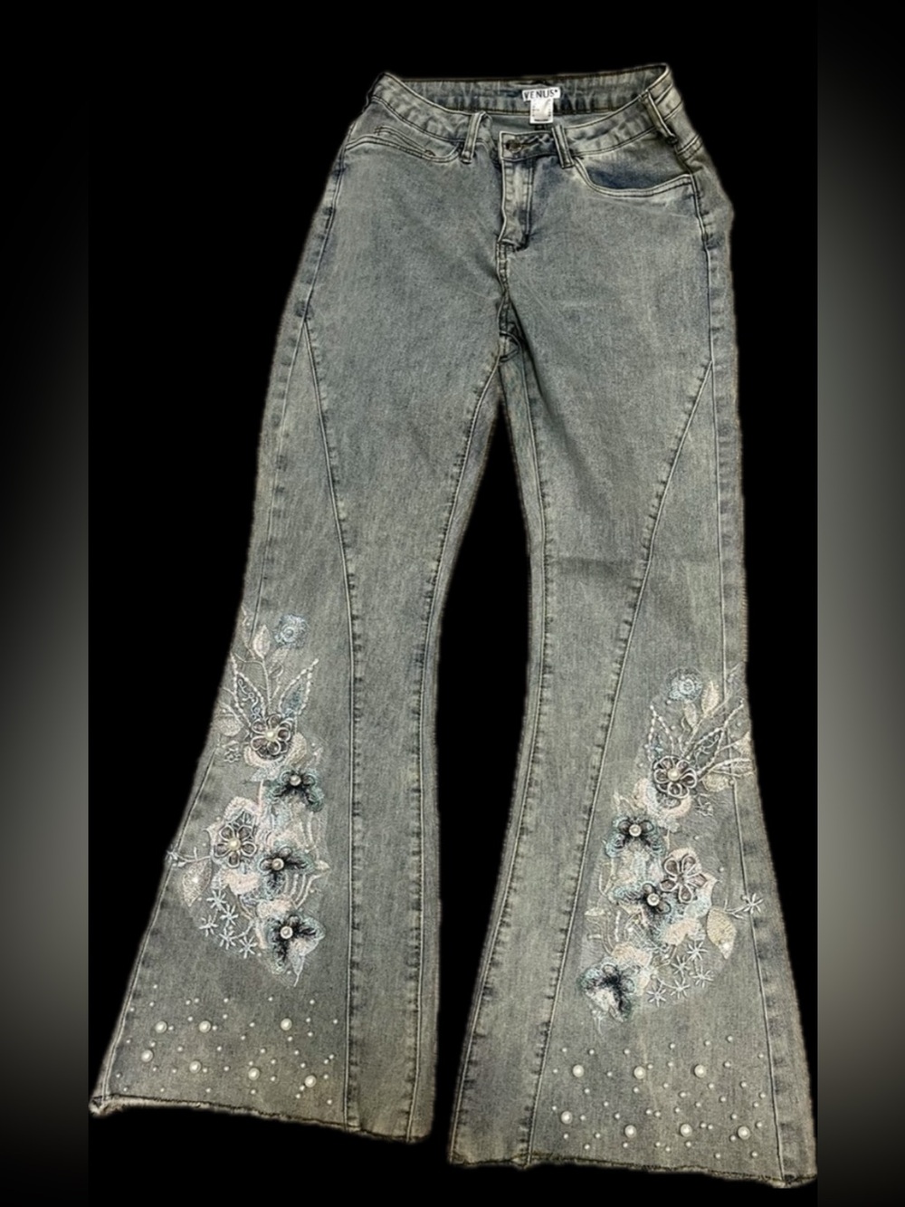 VENUS Embroidered Flare Jeans in Light Blue with Pearl Accents